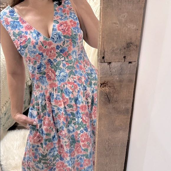 Vintage handmade dropped waist pink Floral Sleeveless jumper Dress size large - Picture 4 of 6